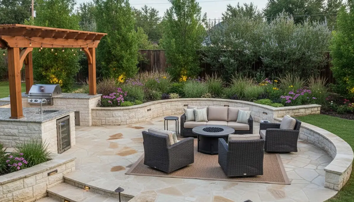 Backyard patio with hardscape and lighting by professional landscapers in Fort Worth, Texas