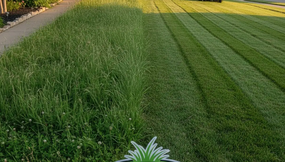 Before and after lawn mowing showcasing yard transformation by Chop Chop Landscaping in Fort Worth, TX