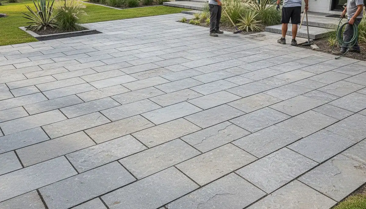 Contemporary large stone slab patio installation by Chop Chop Landscaping in Fort Worth, TX