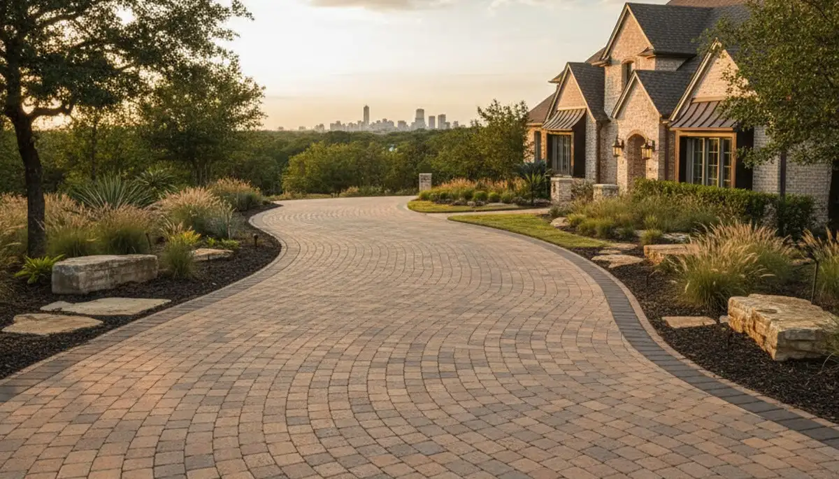 Curved paver driveway design by professional landscapers in Fort Worth, TX showcasing custom craftsmanship