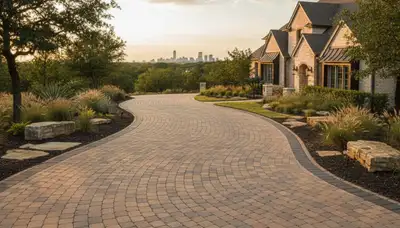 Curved paver driveway design by professional landscapers in Fort Worth, TX showcasing custom craftsmanship