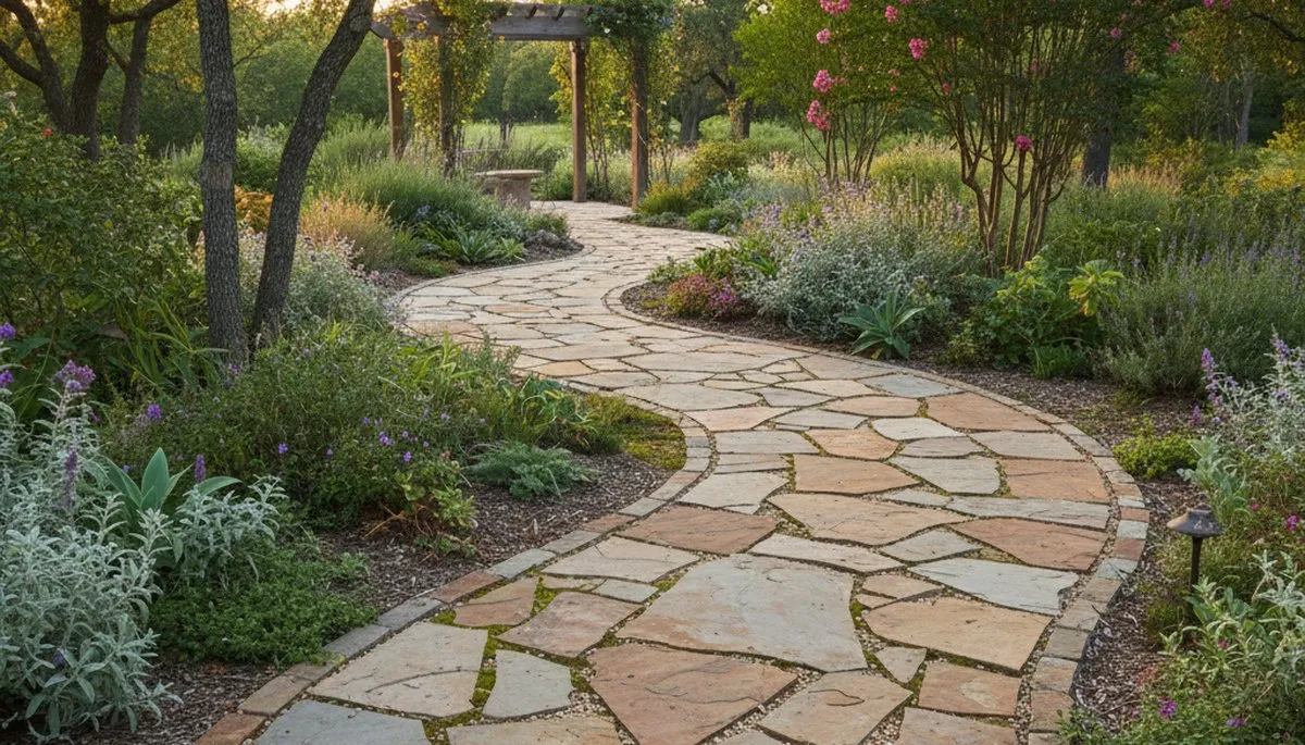 Curved stone paver pathway in Fort Worth, TX showcasing expert landscaping and hardscape design craftsmanship.