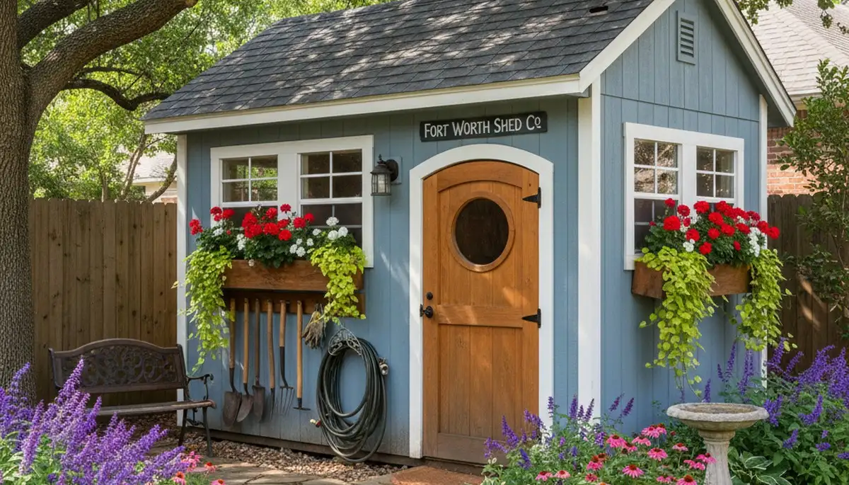 Decorative garden shed with integrated landscape design by Chop Chop Landscaping in Fort Worth, TX