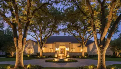 Dramatic tree uplighting showcasing professional landscape lighting in Fort Worth, TX at night