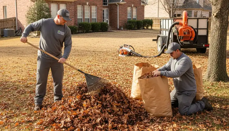 Technicians raking and bagging fall leaves during professional yard cleanup in Fort Worth, TX