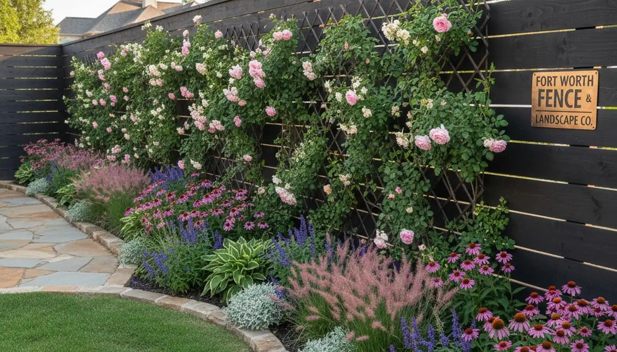 Professional fence installation with lush landscape beds in Fort Worth, TX by Chop Chop Landscaping