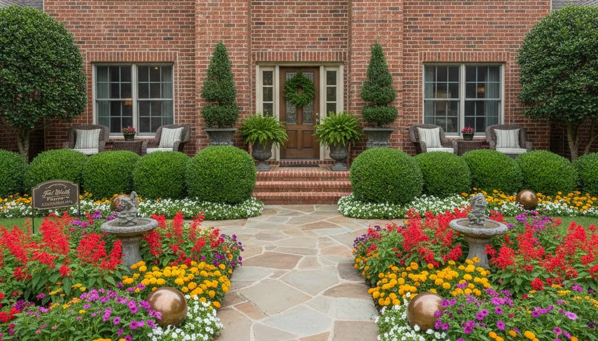 Front yard landscaping with colorful flowers and shaped shrubs in Fort Worth, TX by Chop Chop Landscaping