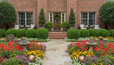 Front yard landscaping with colorful flowers and shaped shrubs in Fort Worth, TX by Chop Chop Landscaping