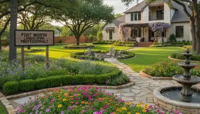 Full property landscape design with trees, shrubs, and lawn by Chop Chop Landscaping in Fort Worth, TX