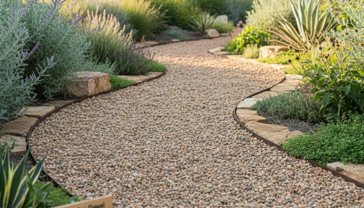 Pea gravel garden pathway installation with natural drainage in Fort Worth, TX landscaping design