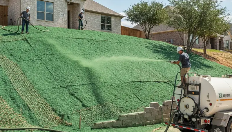 Hydroseeding hillside erosion control in Fort Worth TX by Chop Chop Landscaping