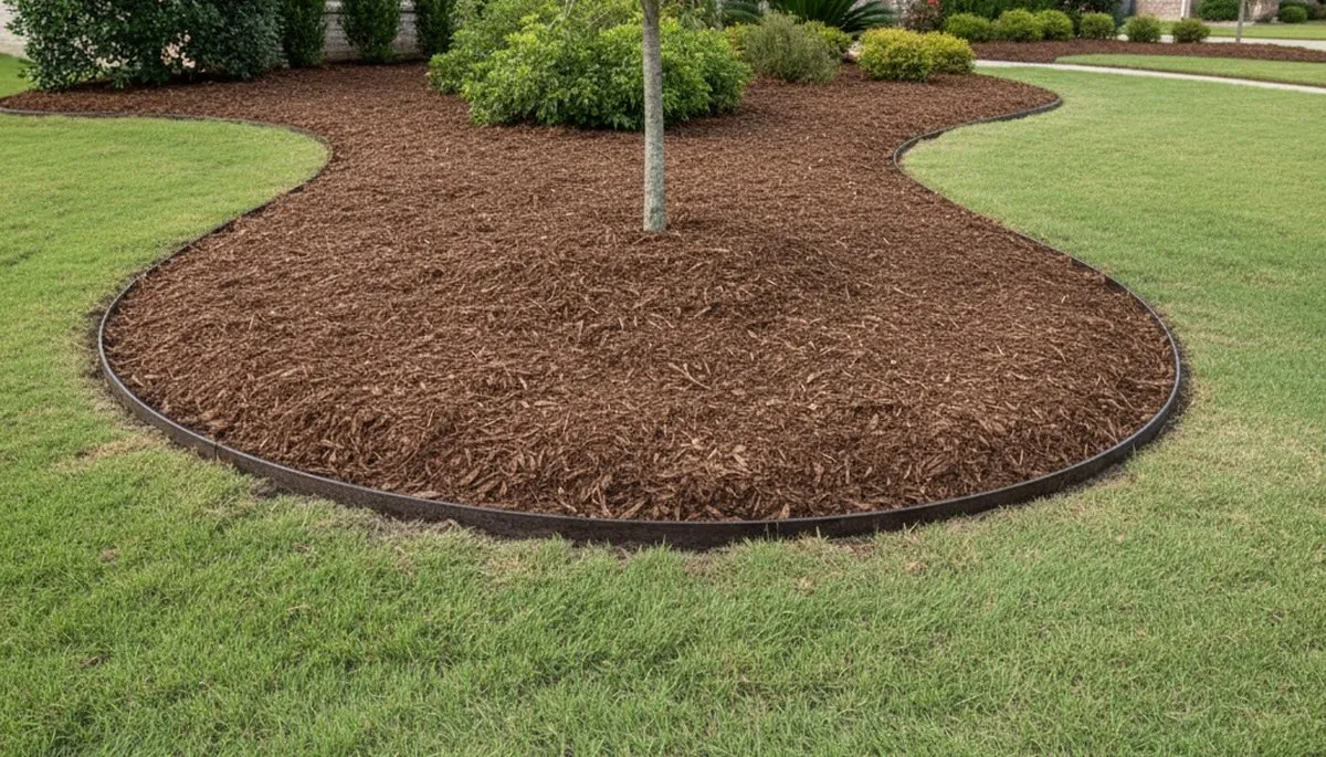 Fresh mulch and clean bed edging by professional landscapers in Fort Worth, TX for tidy lawn care