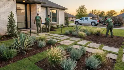 Landscaping crew providing lawn care service in Fort Worth, TX