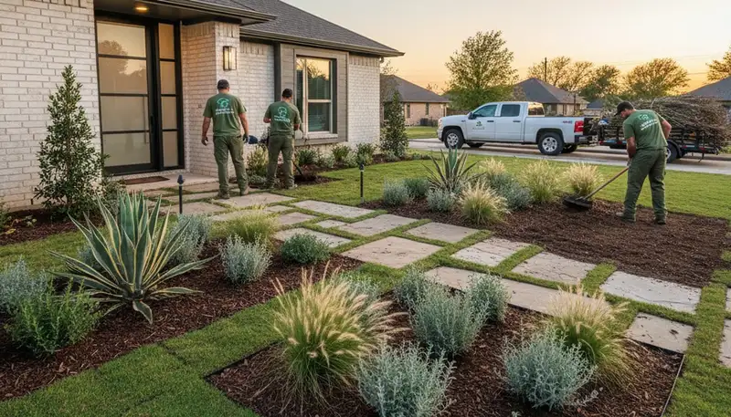 Landscaping crew providing lawn care service in Fort Worth, TX