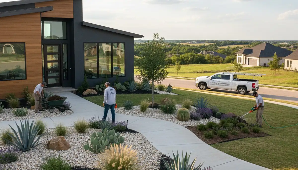 Fort Worth, TX landscaping crew providing professional lawn care services for residential properties