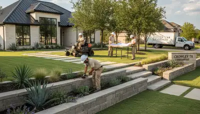 Fort Worth, TX landscaping service lawn care team maintaining a residential yard