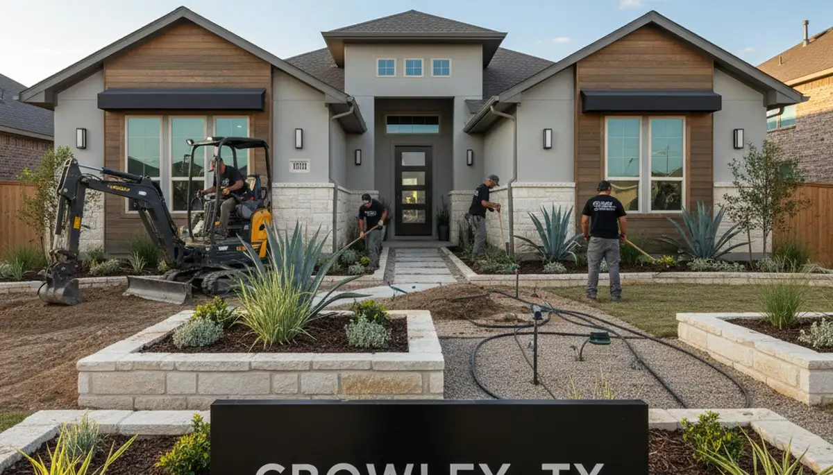 Landscape service team in Fort Worth, TX providing professional lawn care and yard maintenance