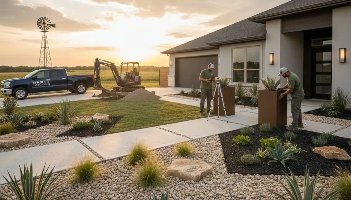 Fort Worth, TX landscaping service crew maintaining a residential lawn