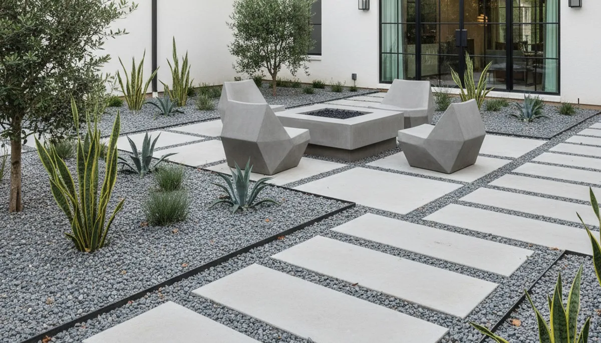 Modern pea gravel landscape with geometric design and architectural plants in Fort Worth, TX