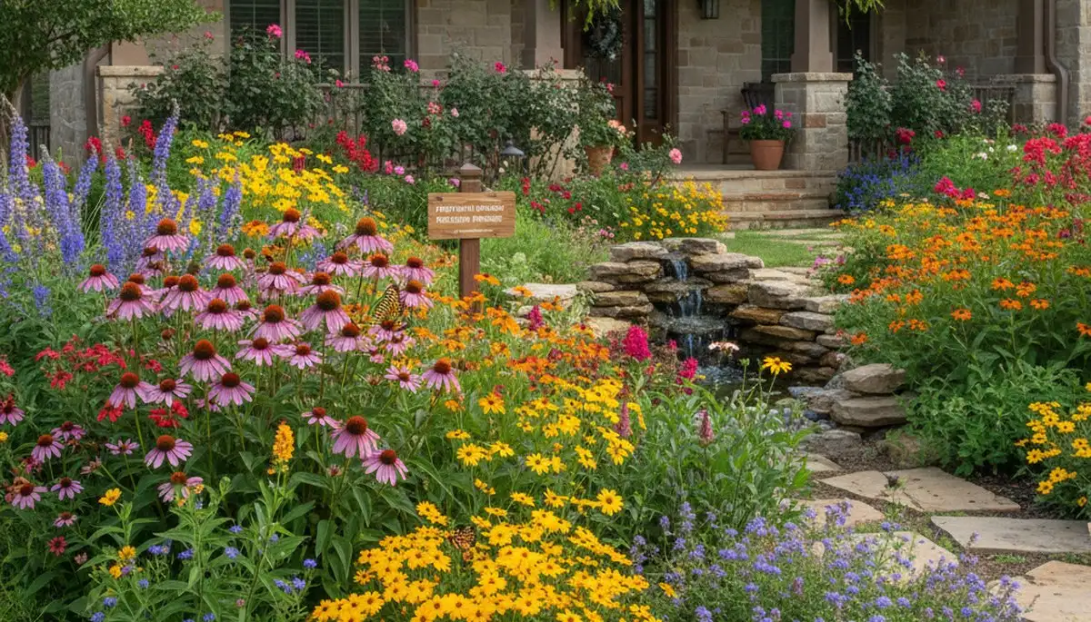 Vibrant native pollinator garden with bees and butterflies by organic landscapers in Fort Worth, TX