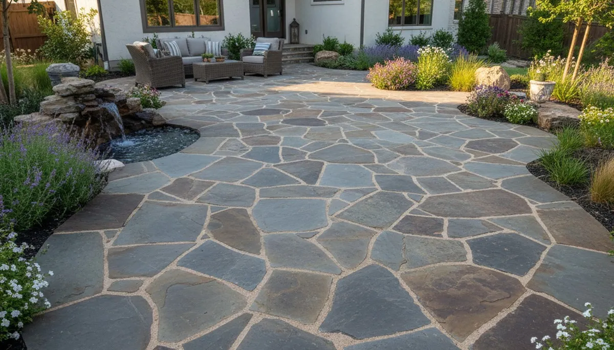 Natural flagstone patio installation with stone pavers by Chop Chop Landscaping in Fort Worth, TX