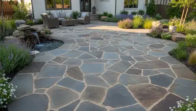 Natural flagstone patio installation with stone pavers by Chop Chop Landscaping in Fort Worth, TX