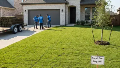 Freshly installed green sod lawn in Fort Worth TX showcasing professional landscaping results