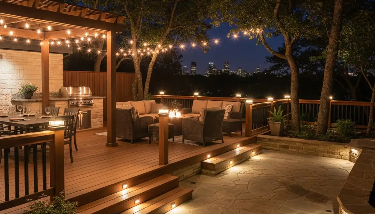 Layered landscape lighting illuminating Fort Worth TX patio with post cap and step lights by Chop Chop Landscaping
