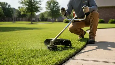 Technician edging Fort Worth lawn with string trimmer for crisp, professional landscaping finish