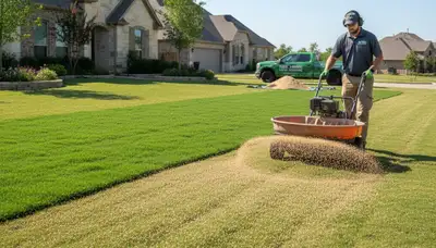 Lawn care technician applying fertilizer with spreader on residential yard in Fort Worth, TX