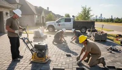 Workers installing driveway pavers in Fort Worth, TX during professional landscaping project