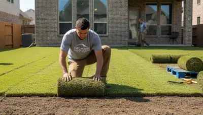 Professional landscaper installing sod rolls with precision in Fort Worth, TX lawn installation project
