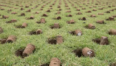 Close-up of soil core plugs after lawn aeration on a Fort Worth, TX lawn by Chop Chop Landscaping