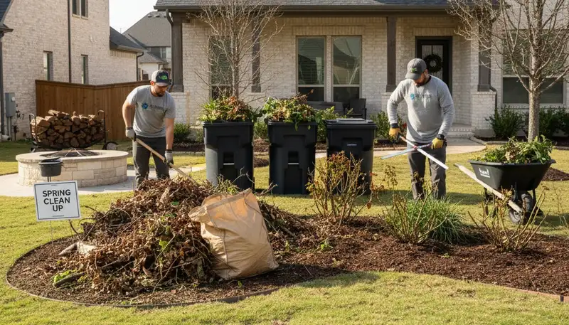 Spring yard clean up and debris removal by professional landscapers in Fort Worth, TX