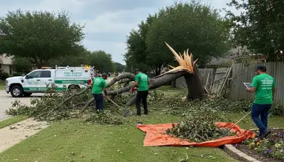 Storm debris cleanup crew clearing fallen branches in Fort Worth, TX yard after storm damage