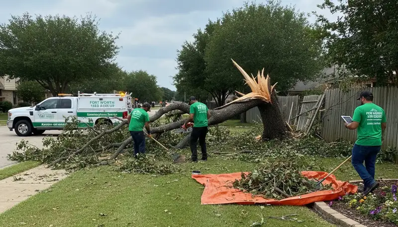 Storm debris cleanup crew clearing fallen branches in Fort Worth, TX yard after storm damage
