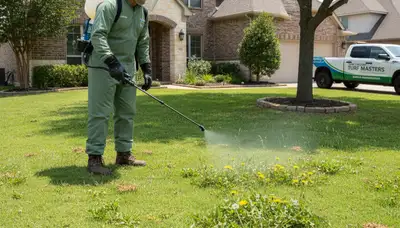 Lawn care specialist applying targeted weed control treatment in Fort Worth, TX landscaping service